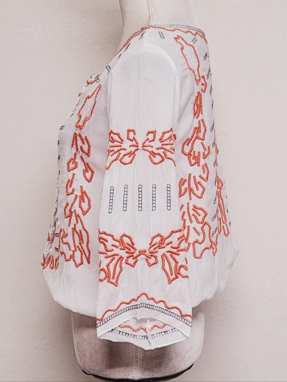 Free People White Burnt Orange Floral Flared Quarter Sleeve Blousen Top XS